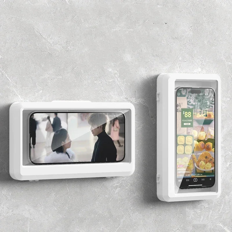 ShowerPod waterproof shower phone holder mounted on a bathroom wall