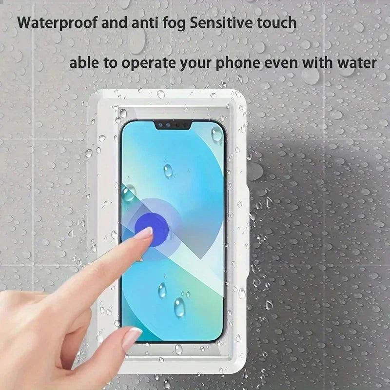 ShowerPod in use in the shower with the touchscreen visible through the clear window